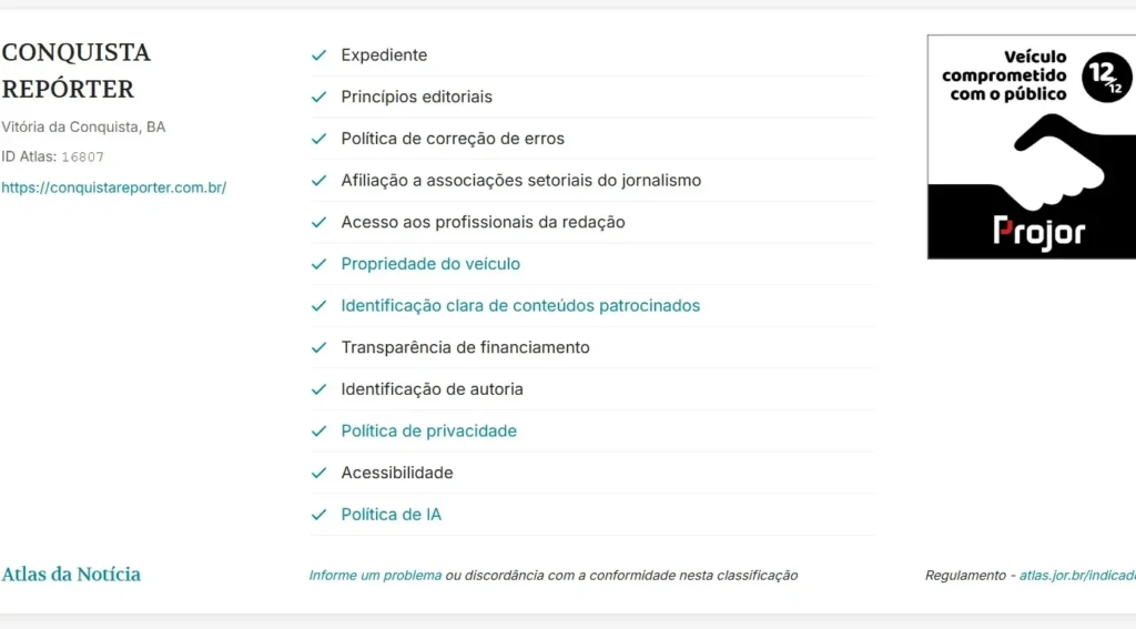 Certificado digital do Atlas da Notícia referente ao veículo Conquista Repórter, de Vitória da Conquista, Bahia (ID 16807). O documento lista 12 indicadores de transparência jornalística, todos marcados com um ícone de verificação ("check"). À direita, um selo do Projor exibe o desenho de um aperto de mãos e o texto "Veículo comprometido com o público 12/12".