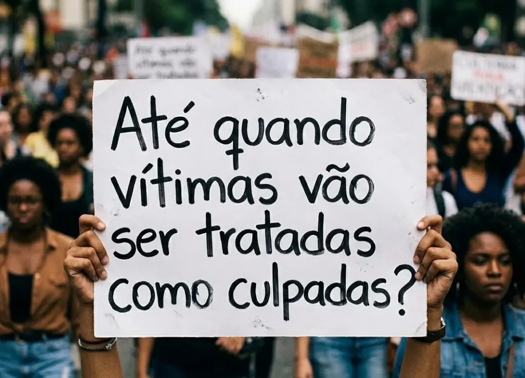 Cartaz branco erguido por mãos de pessoas em uma manifestação de rua. O texto no cartaz diz: Até quando vítimas vão ser tratadas como culpadas?