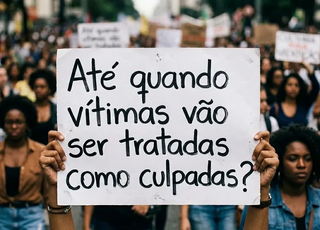 Cartaz branco erguido por mãos de pessoas em uma manifestação de rua. O texto no cartaz diz: Até quando vítimas vão ser tratadas como culpadas?