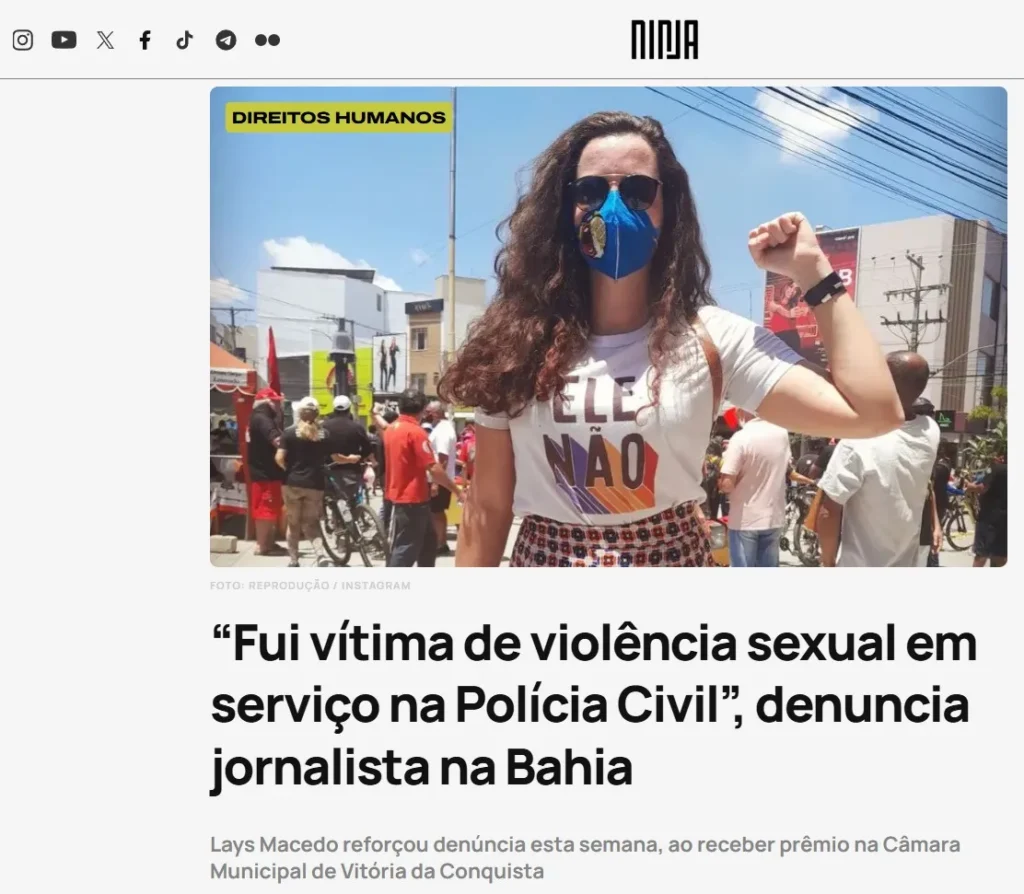 “Fui vítima de violência sexual em serviço na Polícia Civil”, denuncia jornalista na Bahia. Lays Macedo reforçou denúncia esta semana, ao receber prêmio na Câmara Municipal de Vitória da Conquista.