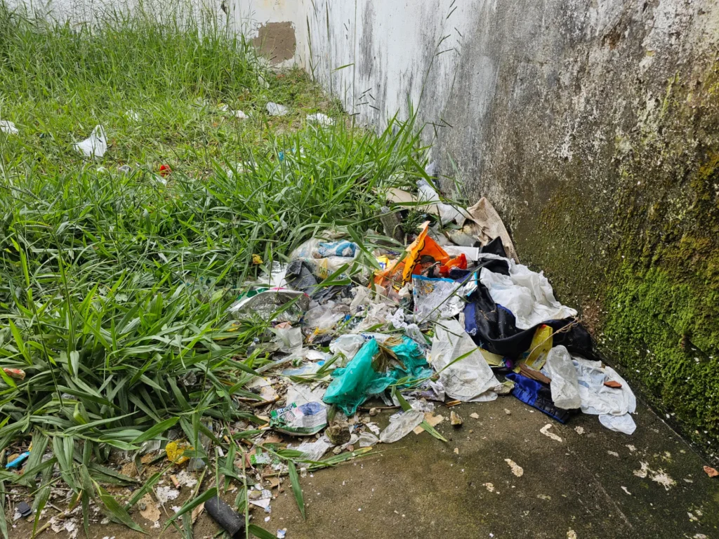 Uma pilha de lixo doméstico e detritos domésticos estão acumulados ao longo de um muro de concreto desgastado e coberto de mofo. A maior parte do lixo consiste em sacolas plásticas coloridas (incluindo cores vibrantes de laranja, turquesa e amarelo), garrafas plásticas vazias e outros detritos descartados. O chão ao redor do lixo é de cimento irregular e mofado, com grama alta e densa crescendo nas proximidades.