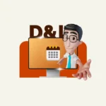 Um personagem homem em estilo 3D, vestindo camisa branca, gravata azul-clara e óculos, estende a mão para a frente, parecendo sair de um monitor de computador. Na tela amarela do monitor há um ícone de calendário. Acima do monitor, destaca-se o texto em letras maiúsculas marrons "D&I" e um fundo retangular com cantos arredondados na cor laranja-escuro.