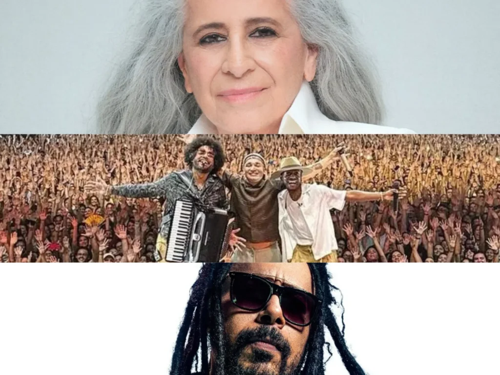 Montagem vertical com três fotografias de artistas brasileiros. No topo, a cantora Maria Bethânia sorri suavemente; ela tem longos cabelos grisalhos e veste uma camisa branca contra um fundo claro. No centro, os três músicos do projeto Dominguinhos, Mestrinho, João Gomes e Jota Pê, abraçados celebram no palco diante de uma grande multidão com os braços levantados; Mestrinho à esquerda segura um acordeão. Na base, um close-up do cantor Marcelo Falcão, que usa óculos escuros e exibe seus característicos dreadlocks longos e escuros sobre um fundo branco.