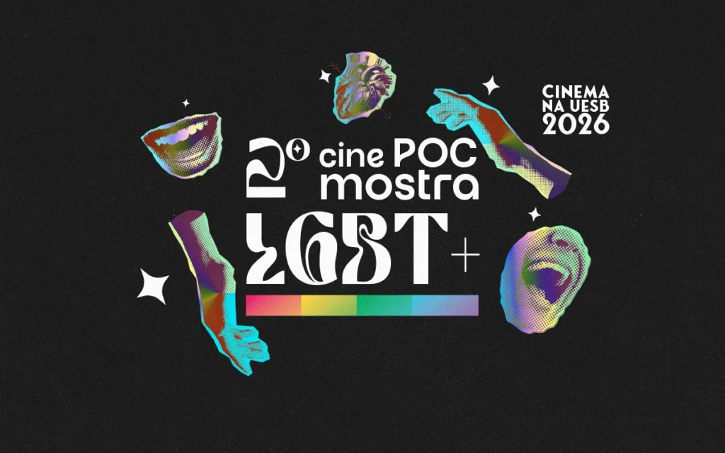 Fundo escuro granulado com texto e ilustrações em branco e colorido. Ao centro, lê-se "2º cine POC mostra", em cima de "LGBT+", com uma barra colorida abaixo. As ilustrações mostram um coração humano, uma boca aberta rindo, outra boca aberta, dois braços e estrelas brancas.