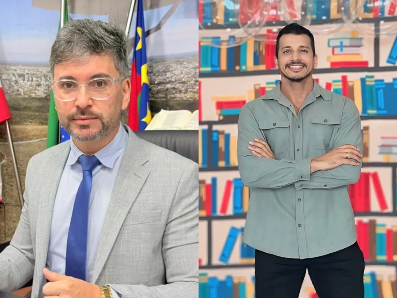 Diogo Azevedo e Alisson Sá lado a lado. Do lado esquerdo, Diogo tem pele clara, cabelos grisalhos e óculos de grau, usa paletó cinza, camisa clara e gravata azul. Do lado direito, Alisson tem pele clara, cabelos escuros e barba. Ele sorri com os braços cruzados.