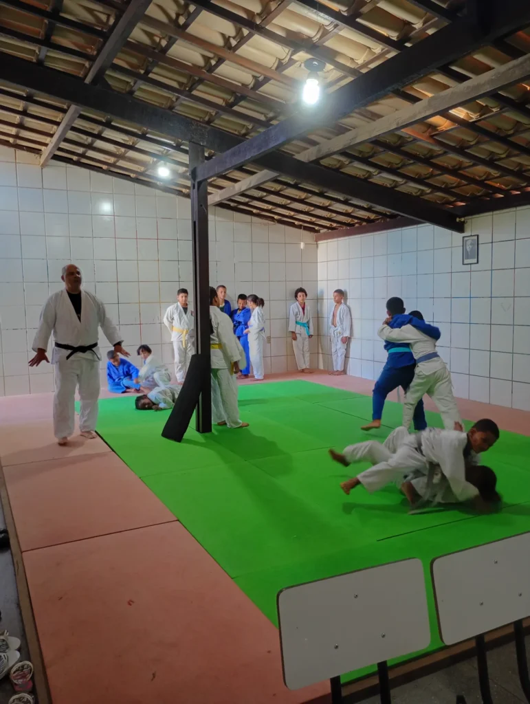 Crianças e jovens treinam artes marciais sobre um tatame verde e rosa. À esquerda, um instrutor adulto careca, com quimono branco e faixa preta, observa a turma. As crianças usam quimonos brancos e azuis com faixas de cores variadas.